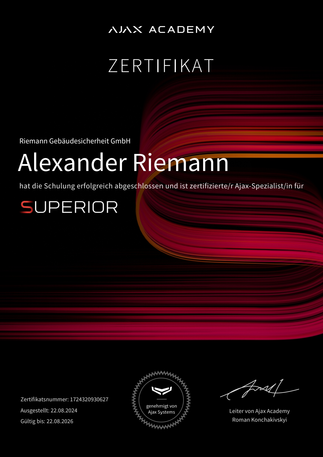 Ajax Superior Installer Zertifikat